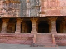 Pan right shot badami caves gate exterior badami karnataka Stock Footage