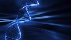 A glowing blue strand of DNA rotates in front of a streaked, blue background. Stock Footage
