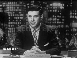 1952: PROGRAM CLOSE: Anchor Frank Blair sitting behind desk on set w/ night cityscape BG, SOT saying Taft made previous statement during New Hampshire primary. Whole nation waiting for 'Ike', waiting for his message from Abilene home next Wednesday. Instructional Video