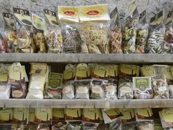 CU Shot of pasta and spices in delicatessen shop / Siena, Tuscany, Italy Stock Footage