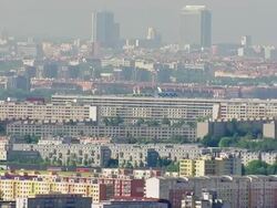 WS AERIAL View of skyscrapers and apartments / Prague, Czech Republic Stock Footage
