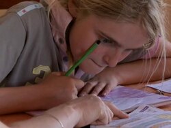 CU Girl doing maths school work at home / San Pedro de Atacama, Norte Grande, Chile Stock Footage