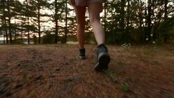 Young adult female hiker hiking towards a meadow Stock Footage