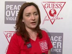 INTERVIEW - Britni Soto on why she wanted to be an advocate for this cause at GUESS And Peace Over Violence Celebrate The 15th Anniversary Of Denim Day At GUESS Headquarters Stock Footage