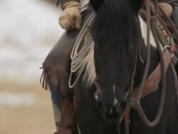 MS Cowboy riding on horse across field / Shell, Wyoming, United States Stock Footage
