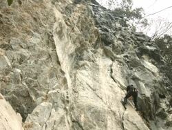 A Japanese rock climber scales a limestone rock face Stock Footage