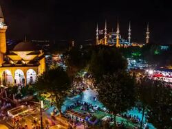 High view on Sultanahmet park and the Blue Mosque at night during Ramadan Stock Footage