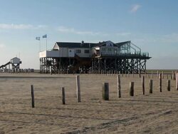WS View of cafÃƒÂ© and restaurants along beach side, North Sea North Frisia, / St. Peter Ording, Schleswig Holstein, Germany Stock Footage