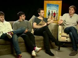 INTERVIEW - Simon Bird, Joe Thomas, James Buckley, Blake Harrison on the DVD features, reading the script, on the writers Damon Beesley and Iain Morris, their next projects at 'Inbetweeners 2' press junket Stock Footage