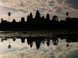 T/L, WS, ZO, sunrise reflection Angkor Wat Temple / Siem Reap, Cambodia Stock Footage