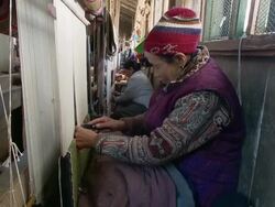 MS Woman weaving at Tibetan refugee center / Darjeeling, West Bengal, India Stock Footage