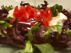 MS DS Olive oil being poured over mozzarella and tomato salad on bed of greens / Los Angeles, California, United States Stock Footage