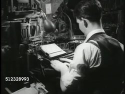 1935: COURT OPINION: WS EXT Pearson's Print shop. INT Shop w/ man typing at typeset machine, CU Page of typed paper w/ proofreading notes. Two men sliding bar, printing page. CU Printed 'Opinion of the Court' first page (case no. 532, 2/18/1935) Instructional Video