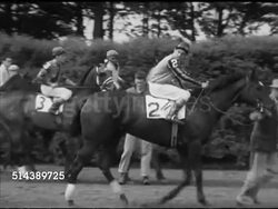 1953: HORSES ON TRACK: VS Thoroughbred racehorses on track, one (#5) skittish, WS People in grandstand, TRACKING Jockey Ted Atkinson on Greentree stable 'Hoodwink' (#2) trotting on racetrack to & behind starting gate w/ others. Instructional Video