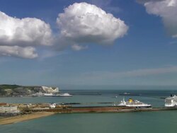 Aerial over ships in Dover harbor / Kent, England Stock Footage