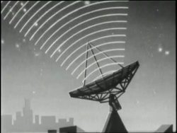A cartoon depicts radio waves coming from space and being received by satellite dishes. News Clip