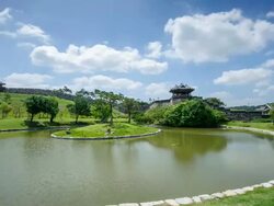 WS T/L View of Banghwasuryujeong Pavillon with lake in Suwon (Unesco World Heritage Site) / Suwon, Gyeonggi-do, South Korea Stock Footage