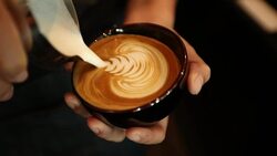 Tutorial barista making art latte, Slow motion Stock Footage