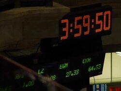 Closing bell - view of clock and ticker from gallery above trading floor of New York Stock Exchange New York City Stock Footage