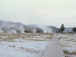 WS View of Steam from hot thermal springs (Biscuit Basin) rising up near sunrise at River Firehole, UNESCO World Heritage Site, Biscuit, Firehole River, Yellowstone National Park / Yellowstone, Wyoming, United States Stock Footage