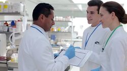 Scientists working together in laboratory Stock Footage