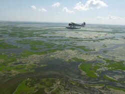 AERIAL WS Seaplane flying over delta gulf / New Orleans, Louisiana, United States Stock Footage