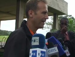 Frenchman begins electric car adventure across Afr Stock Footage