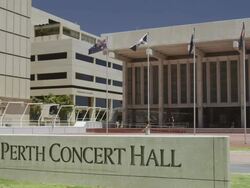 WS PAN View of Perth concert hall near St. Georges terrace / Perth, Western Australia, Australia Stock Footage