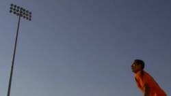 Wideshot of male soccer playerheading the ball Stock Footage