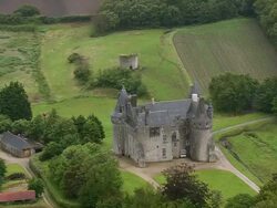 MS AERIAL ZO Shot of church / Brittany, France Stock Footage