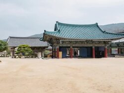 WS T/L Landscape of Tongdosa (One of Three Jewel Temples of Korea) with spectator / Yangsan, Gyeongsangnamdo, South Korea Stock Footage