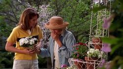 A senior woman stands in her garden sneezes as her daughter stands next to her and watches surprisingly. Stock Footage