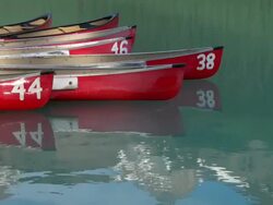 MS View of boats at Moraine lake in Banff National Park / Lake Louise, Alberta, Canada Stock Footage