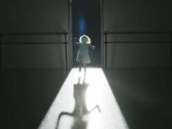 Young child in dress leaping towards camera backlit Stock Footage