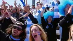 MS PAN Group of sports fans standing together cheering in stadium during soccer match Stock Footage