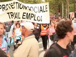 Demonstration in Paris. General strike in France 24 September 2010. Civil servants and private sector employees protesting government plans to raise the pension age from 60 to 62 years. Stock Footage
