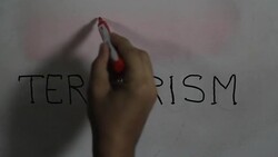 Hand writing a 'No terrorism' message on a white board using a black marker Stock Footage