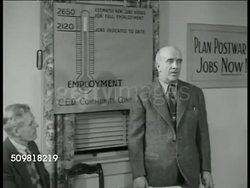 1944: U.S. COMMITTEE FOR ECONOMIC DEVELOPMENT: INT MS Group of businessmen in meeting. MS Speaker talking, chart BG. CU Man pointing to chart of 'Estimated New Jobs...' VS Group listening, raising hands. CED, Post-WWII, USA Instructional Video