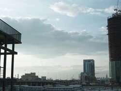 MS PAN Moscow International Business Centre, Capital City Building under construction with blue Bagration Bridge / Moscow, Russia Stock Footage