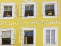 ZOOM IN Birthplace of Wolfgang Amadeus Mozart in Salzburg Stock Footage