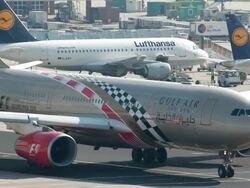 MS Shot of parking area at airport and moving plane / Frankfurt, Hesse, Germany   Stock Footage