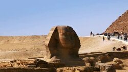 Great Sphinx in front of Pyramids of Giza, Cairo Egypt Stock Footage