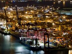 TL, HA, LS Busy shipping container terminal stretching to the horizon / Busan, South Korea Stock Footage