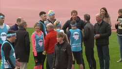 Prince Harry and the Duke and Duchess of Cambridge attend a training day for London Marathon runners News Clip