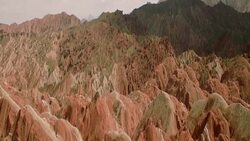 View of rainbow mountains in Zhangye Danxia Landform, China Stock Footage