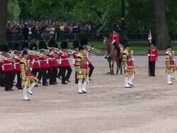 MS Shot of Queen's Birthday Parade with horse gurads in Trooping Colour at Whitelhall AUDIO / London, United Kingdom Stock Footage