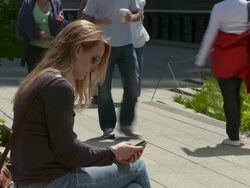Women sending a text on her phone while sitting on a park bench on the Highline park in New York. Stock Footage