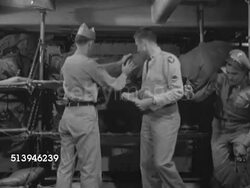 1952: KOREAN WAR: U.S. SOLDIERS:  WS United States soldiers entering tight cabin quarters on transport ship (could be USS General William O. Darby, T-AP-127) w/ large duffle bags, placing bags on bunk beds, talking to each other (SOT) about division. Instructional Video