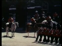 Eventful Britain Archive: Guards march past Queen at Trooping of the Colour, Horse Guards Parade, London, United Kingdom. 1958. Stock Footage