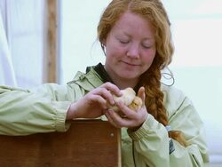 CU SLO MO Shot of Young red hair woman smiling with two baby chicks in hand / Chatham, Michigan, United States Stock Footage